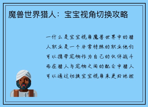 魔兽世界猎人：宝宝视角切换攻略